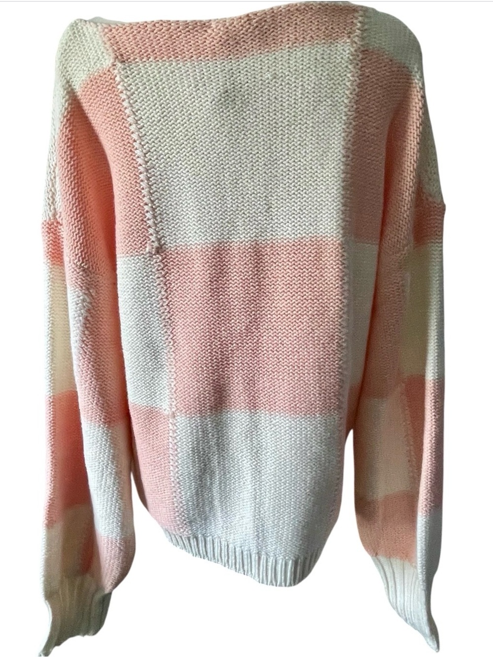 Hem & Thread Blush Pink/Peach Ivory Checkerboard Knit Sweater Sz L NWT - Picture 5 of 11